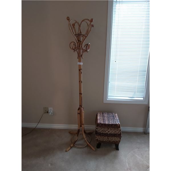 Bamboo Coat Rack & Wicker Foot Stool