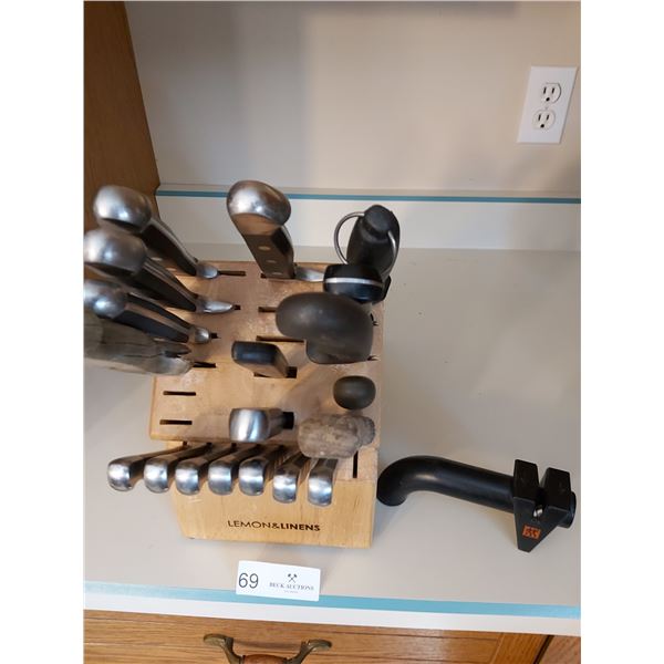 Lemon & Linens Knife Block w/ Assorted Knives & Henckel Knife Sharpener