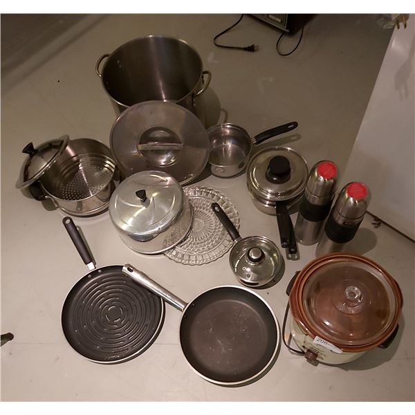 Assortment Of Pots & Pans With Crockpot & Thermoses