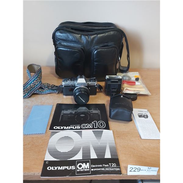 Olympus OM 10 Camera With T20 Olympus Flash and Bag