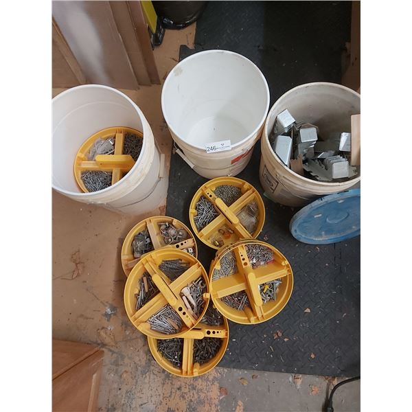 Three Buckets Full Of Assorted Hardware With Organizing Trays