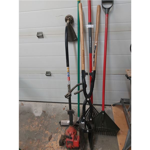 Assorted Garden Tools including Post Hole Digger, Rakes, Homelite HLT-16 Weed Whacker & More