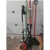 Image 1 : Assorted Garden Tools including Post Hole Digger, Rakes, Homelite HLT-16 Weed Whacker & More