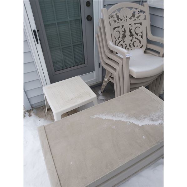 4 Resin Garden Chairs & Storage Chest Containing Cushions and small Plastic Side table