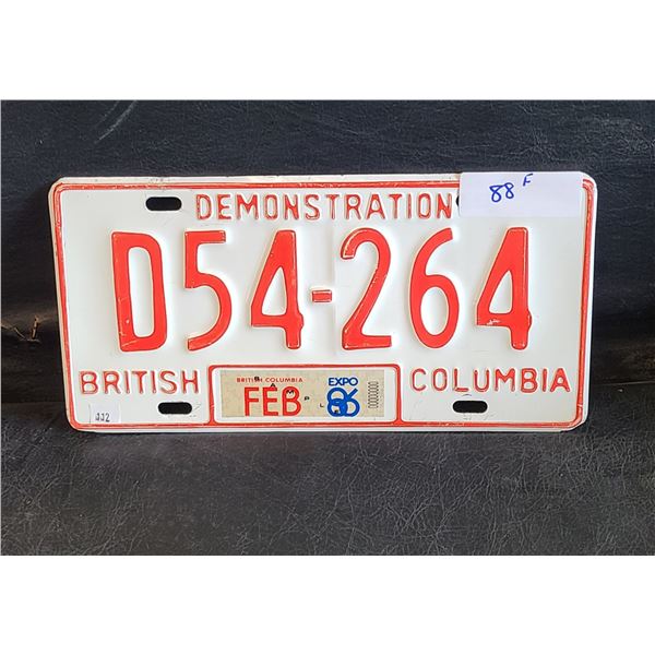 1986 BC DEMONSTRATION LICENSE PLATE