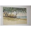 Image 2 : FRAMED WATERCOLOR, OUTRIGGER CANOES ON BEACH; BY C. WRIGHT, 1953 (21" X 17")