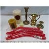 Image 3 : 3 brass candle sticks and  candles + Metal decor mantle piece e