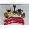 Image 4 : 3 brass candle sticks and  candles + Metal decor mantle piece e