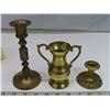 Image 6 : 3 brass candle sticks and  candles + Metal decor mantle piece e