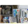 Image 1 : milk crate of assorted hardware, foot valves, sump repair kits, epoxy, band saw blade, etc.
