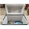 Image 3 : "Coleman" cooler (18"W x 10"D x 14"H) filled with misc items - sponges, towels, etc