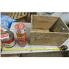 Image 1 : Vintage Crate with oil, lube, grease and suavets tins - oil and lube full, grease partially filled