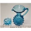 Image 2 : Hand Blown Turquoise Hobnail Glass + Basket