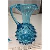 Image 4 : Hand Blown Turquoise Hobnail Glass + Basket