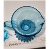 Image 5 : Hand Blown Turquoise Hobnail Glass + Basket