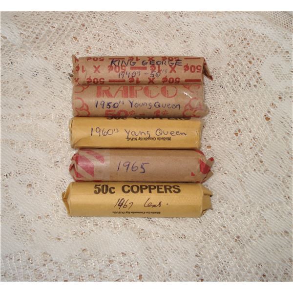 5 Rolls Pennies  King George, 1950's 1960's Young Queen 1965, 1967 Centennial