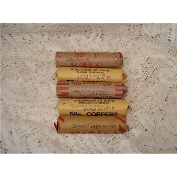 5 Rolls Pennies Assorted Decades