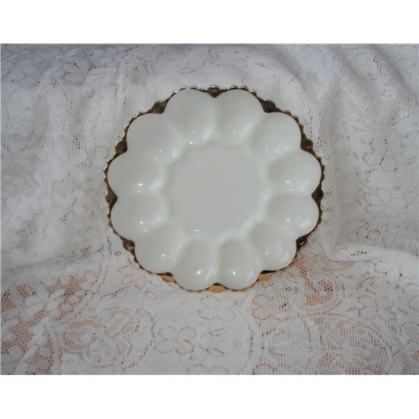 Vintage gold trimmed milk glass Devilled Egg serving Dish