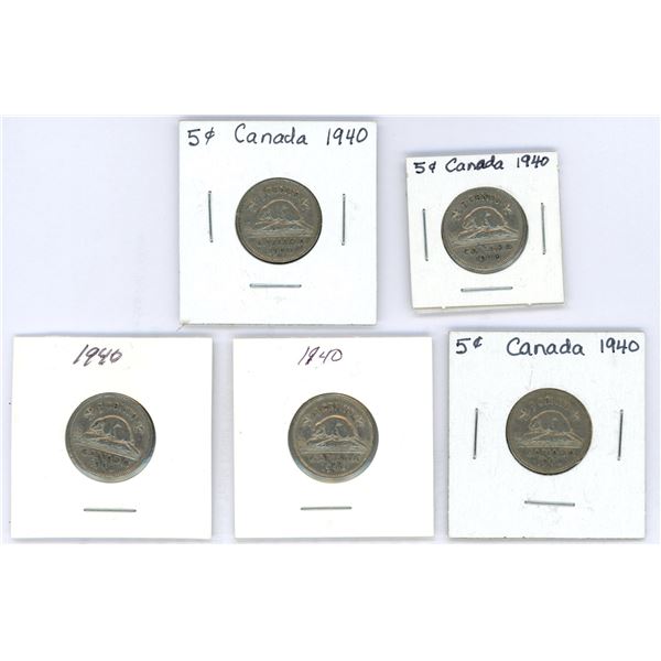 Lot of 1940 Canadian Nickles (5)