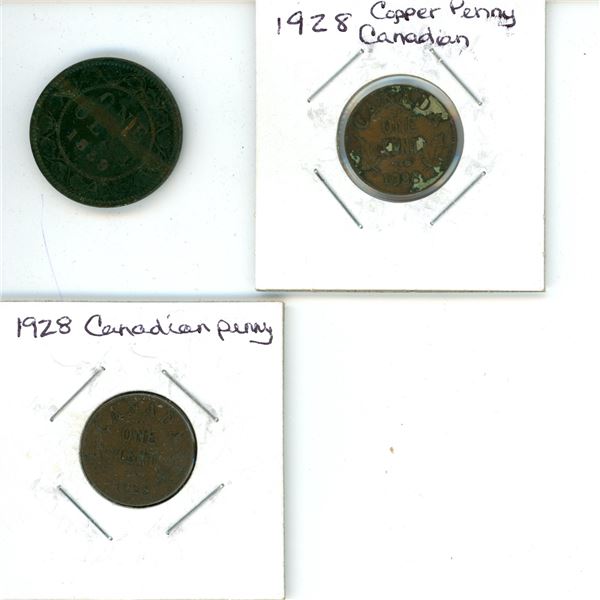 1859 large cent, two 1928 canada one cent