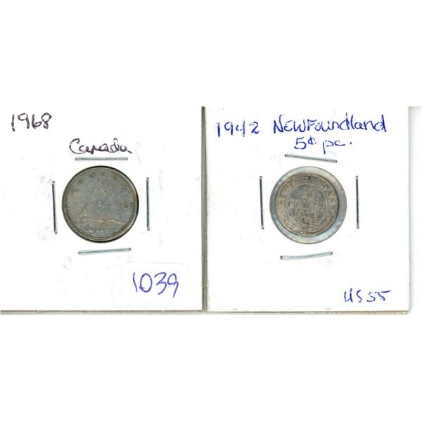 1942 newfoundland 5 cents + 1968 silver 5 cents