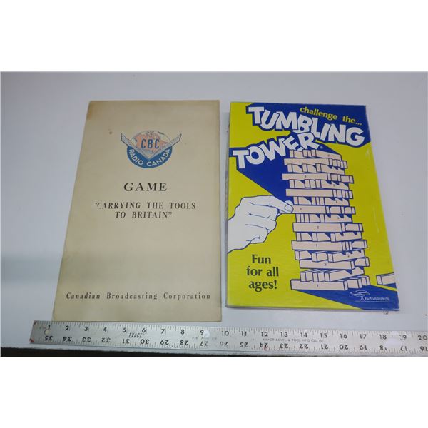 2 vintage board games - carrying the tools to britain and tumbling tower