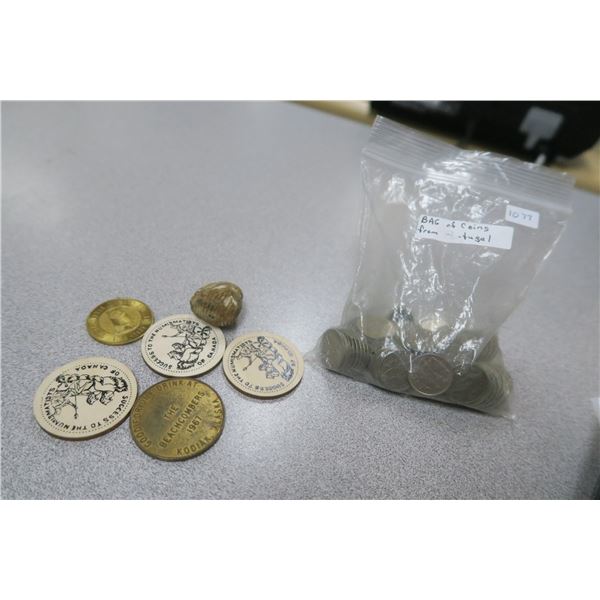 Bag of Coins from Potugal, Assorted tokens and shell rock