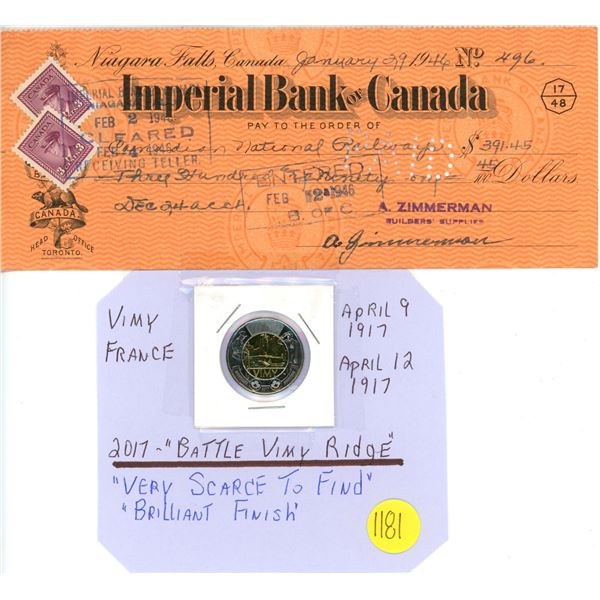 Imperial Bank of Canada cancelled cheque stamped February 1946 and commemorative 'Vimy Ridge' 2017 t