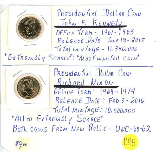 Lot of 2 US Presidential dollar coins - John F. Kennedy & Richard Nixon - both from new rolls UNC