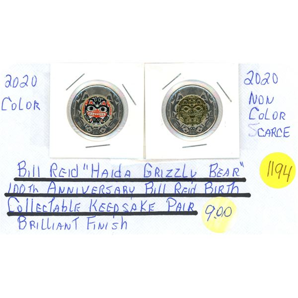 Two collectible Canada $2.00 Two Dollar coins - Bil Reid 'Haida Grizzly Bear' color and non color