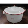 Image 1 : White Enamel Pot with lid - red trim - 10" diameter