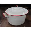 Image 2 : White Enamel Pot with lid - red trim - 10" diameter