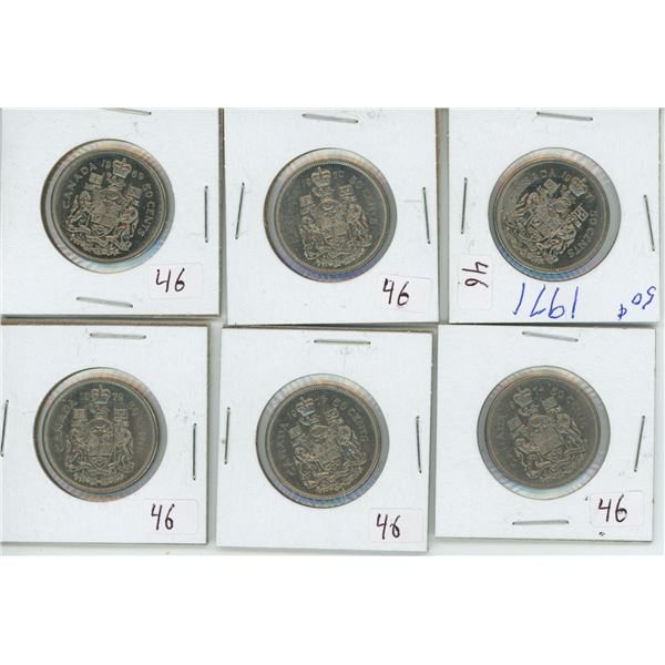Set of 6, 1969-74 Canadian 50 cent coins