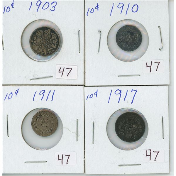 Set of 4, Canadian 10 cent coins - 1903, 1910, 1911 & 1917