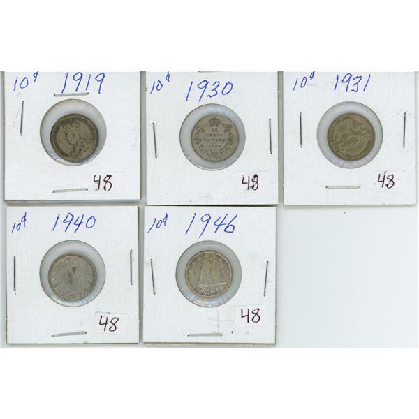 Set of 5, Canadian 10 cent coins - 1919, 1930-31, 1940, & 1946