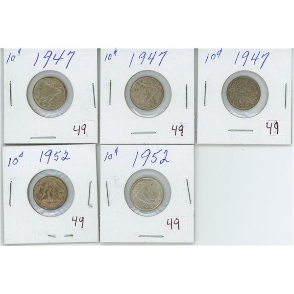 Set of 5, Canadian 10 cent coins - 1947 & 1952