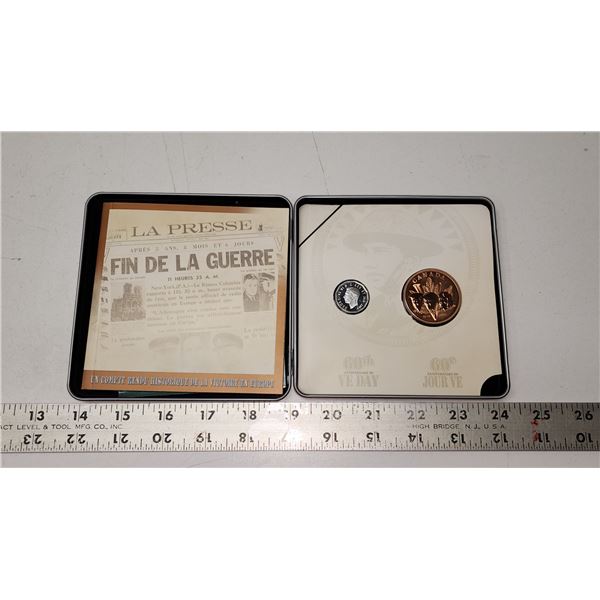 1945-2005 60th Anniversary of VE Day,  Sterling Silver 5¢ & Bronze Medallion Set