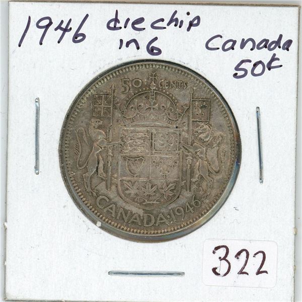 1946  Canada Silver 50¢, die chip in 6