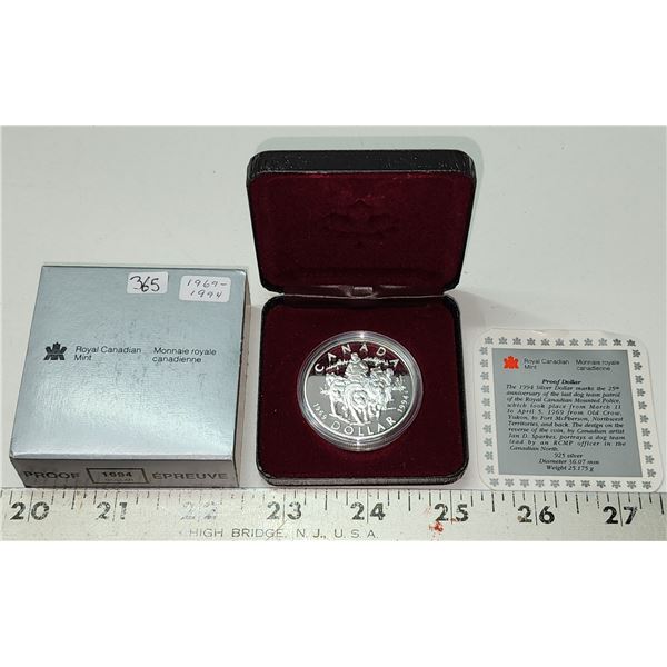 1969-1994 Canada Sterling Silver Proof Dollar, RCMP Dog Patrol, COA