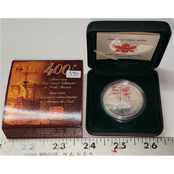 2004 Canada Fine Silver Proof Dollar, French Settlement, COA