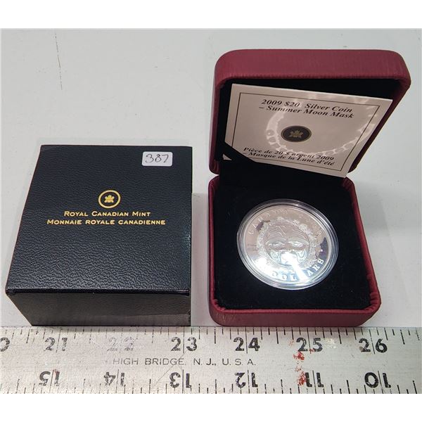 2009 Canada Fine Silver Proof $20, Summer Moon Mask, COA