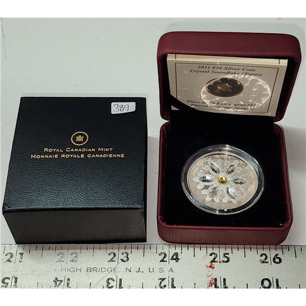 2011 Canada Fine Silver Proof $20, Crystal Snowflake (Topaz), COA