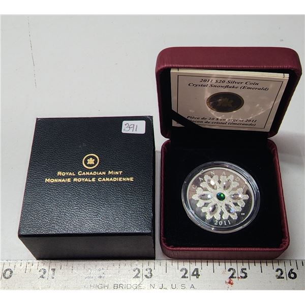 2011 Canada Fine Silver Proof $20, Crystal Snowflake (Emerald), COA
