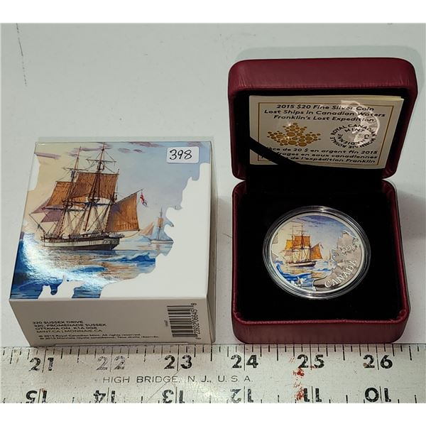 2015 Canada Fine Silver Proof $20, Lost Ships:  Franklin's Lost Expedition, COA