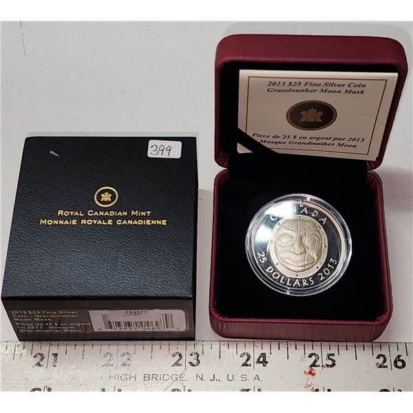 2013 Canada Fine Silver Proof $25, Grandmother Moon Mask, COA