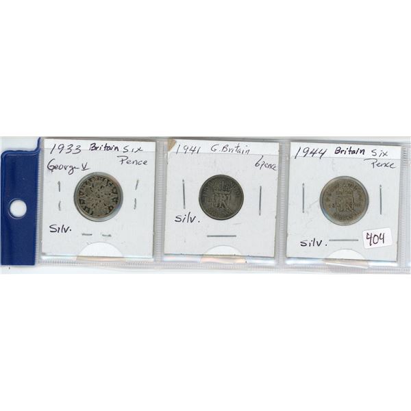 Lot of 3:  Silver Great Britian 1933, 1941, 1944 Six Pence