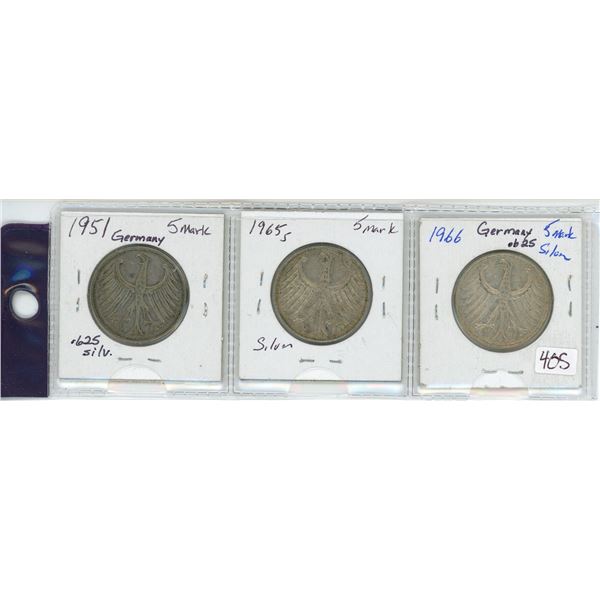 Lot of 3:  1951, 1965, 1966  Silver Germany  5 Mark coins