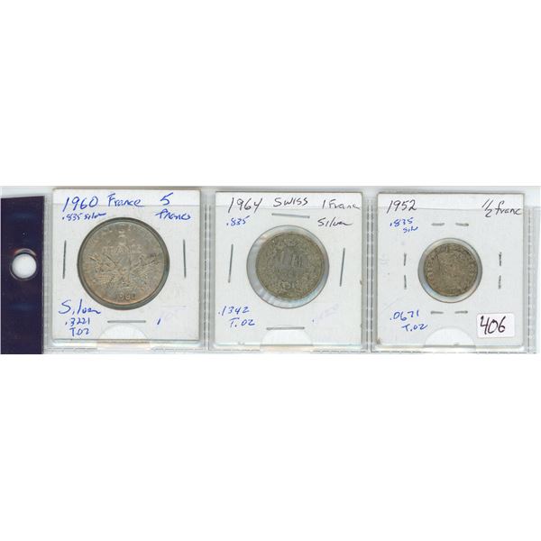 Lot of 3:  France Silver 1960 5 Francs, Swiss Silver 1964 1 Franc, Swiss Silver 1952 1/2 Franc