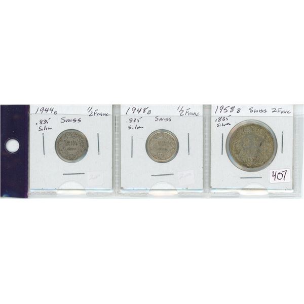 Lot of 3:  Switzerland Silver 1944B, 1948B Half Franc & 1958B 2 Franc