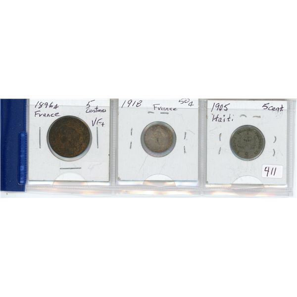 Lot of 3: France 1896A 5 Centimes, 1918 50 Centimes & Haiti 1905 5 Centimes